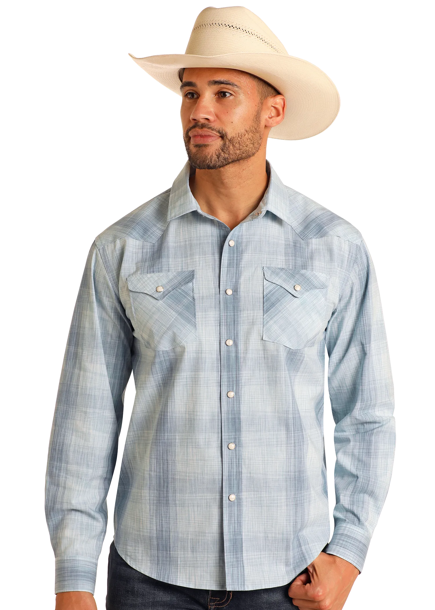 Modern Vintage Blue Plaid Long Sleeve Snap Shirt