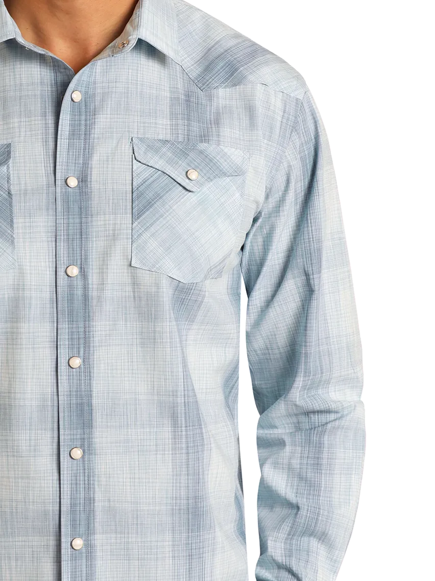 Modern Vintage Blue Plaid Long Sleeve Snap Shirt