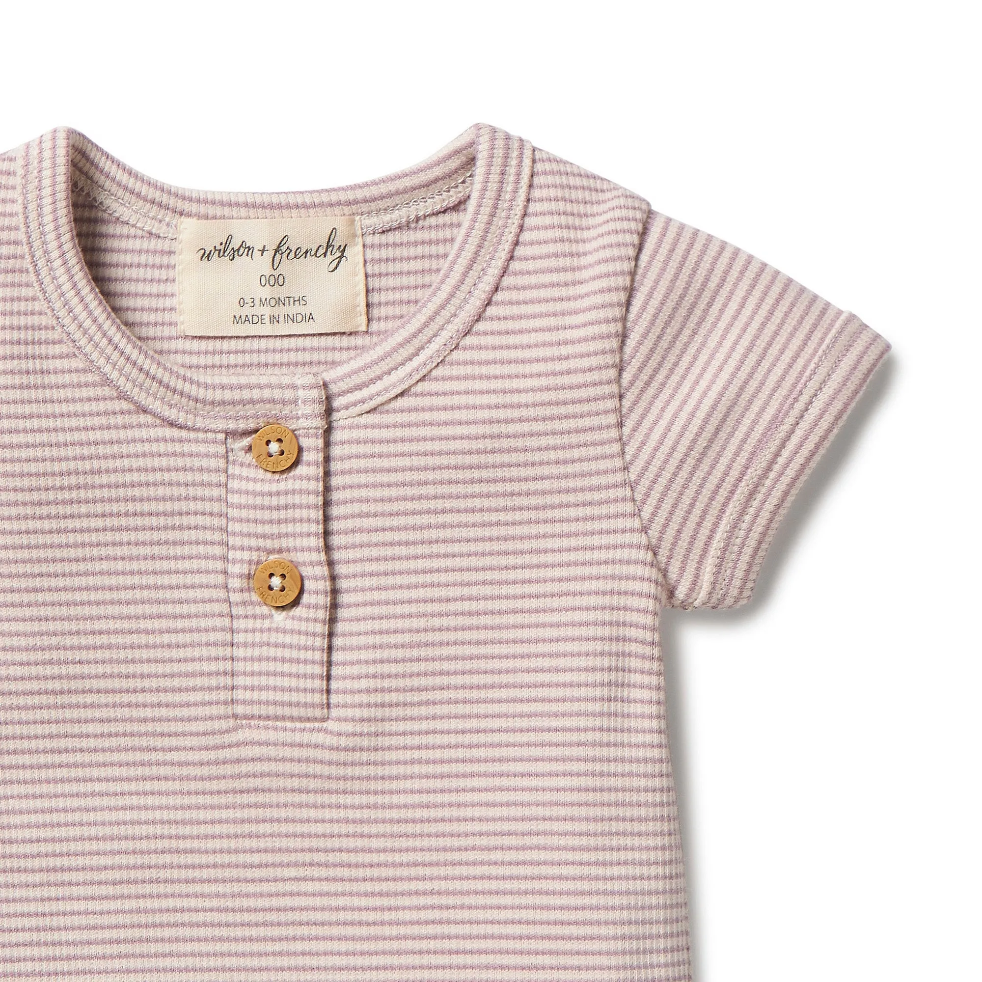 Organic Stripe Rib Henley Tee- Plum