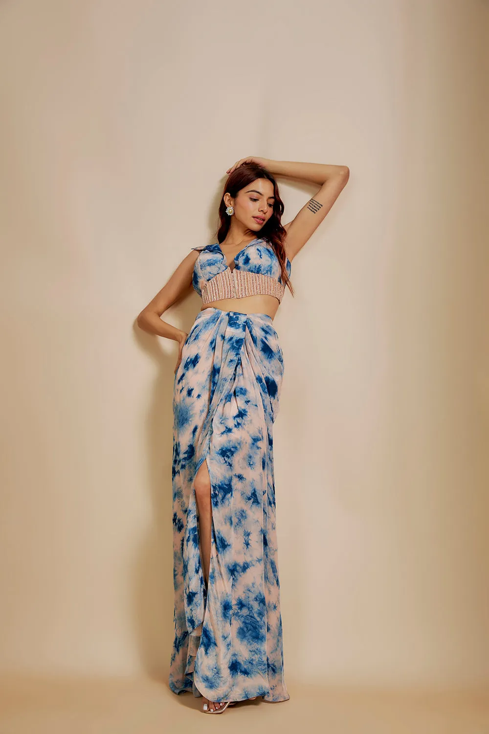 Peach/ Blue Shibori  Embroidered vest coat With Skirt