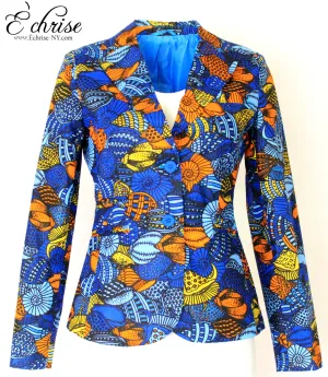 Q113 Geometric African Print Blazer - V0041 Royal Blue Multi Color