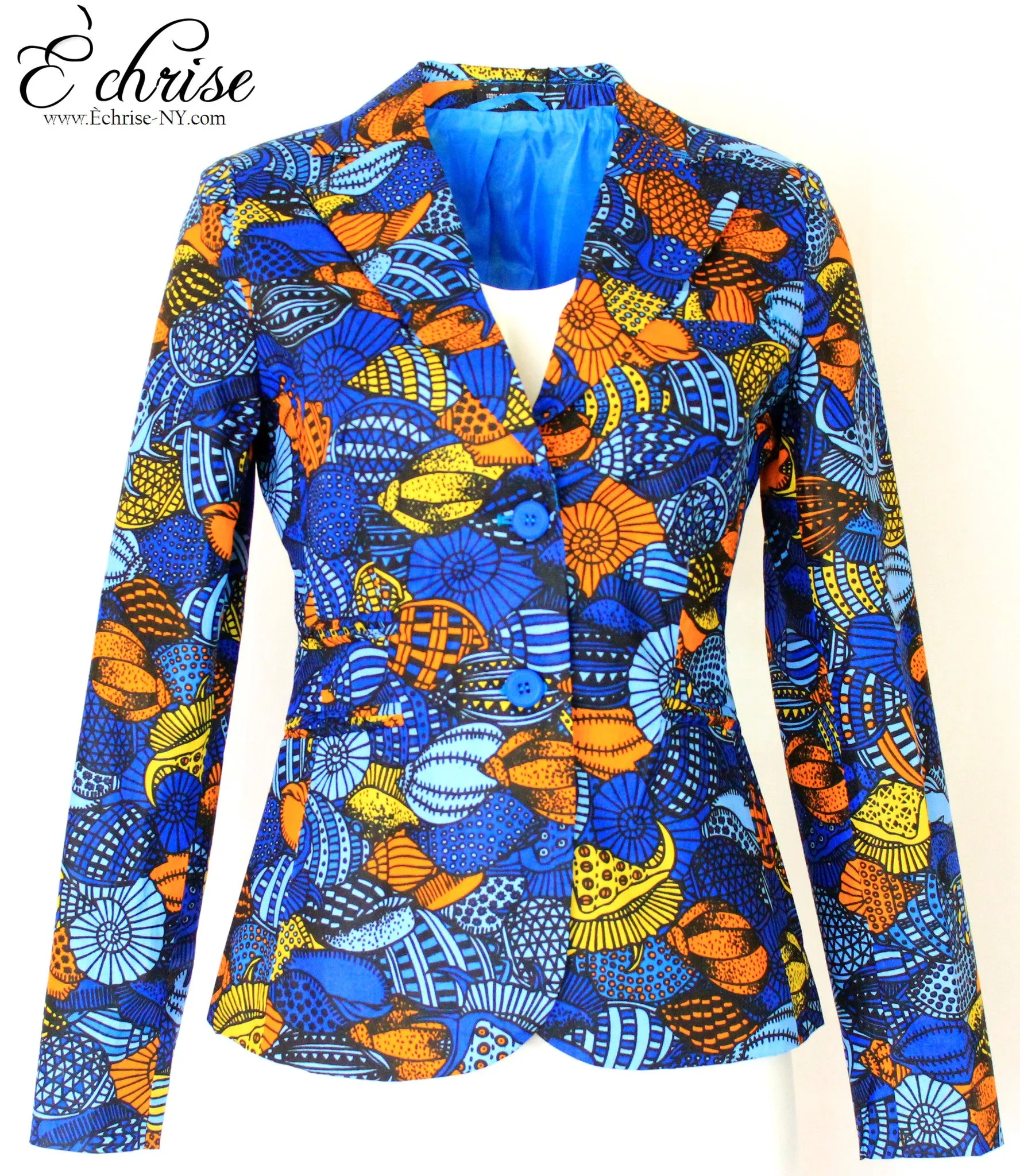 Q113 Geometric African Print Blazer - V0041 Royal Blue Multi Color