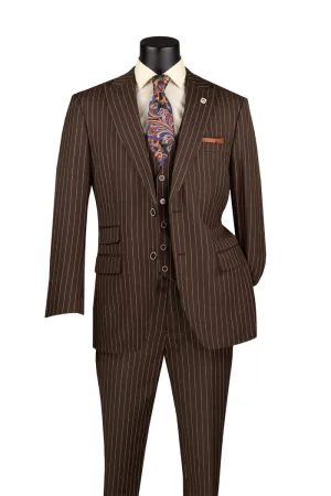 Regular Fit 3 Piece Suit 2 Button Gangster Stripe Brown V2RS-9