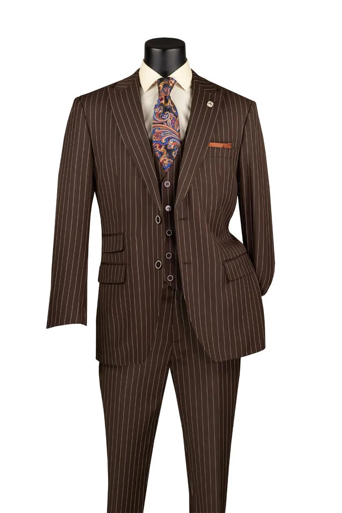 Regular Fit 3 Piece Suit 2 Button Gangster Stripe Brown V2RS-9