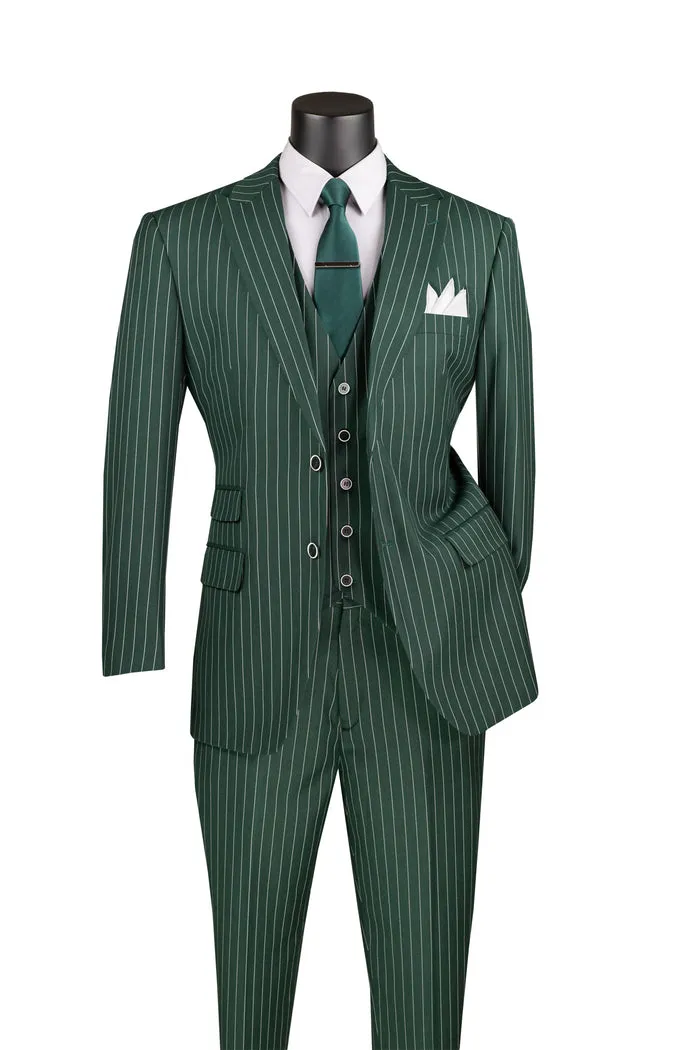 Regular Fit 3 Piece Suit 2 Button Gangster Stripe (Hunter Green) V2RS-9