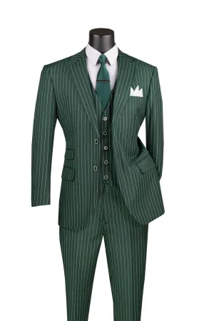 Regular Fit 3 Piece Suit 2 Button Gangster Stripe (Hunter Green) V2RS-9