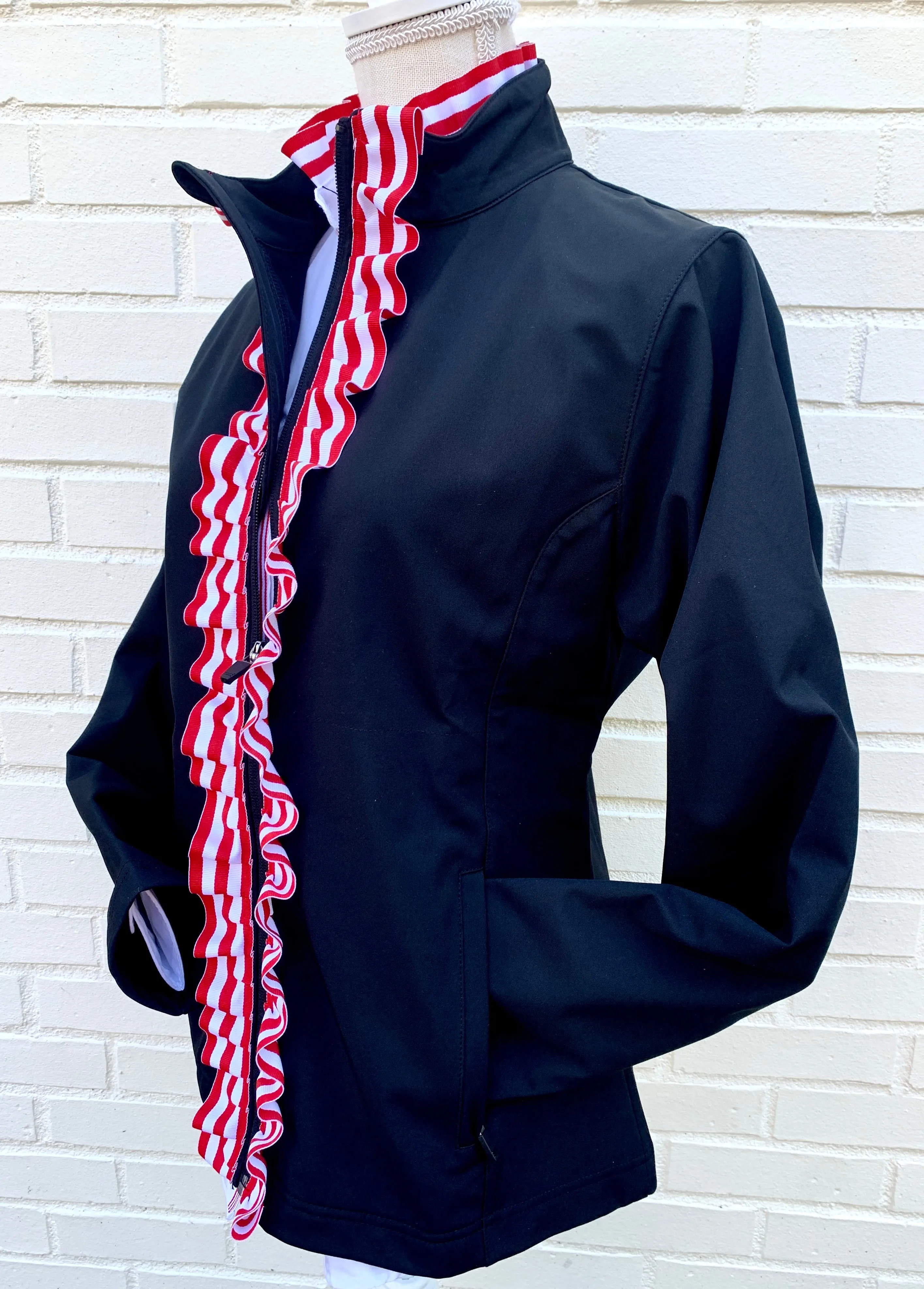 SALE - S, M & XL ONLY - Sailor Soft Shell Jacket - Black w Red & White Stripe Ruffle Ribbon (SLR06) *FINAL SALE*