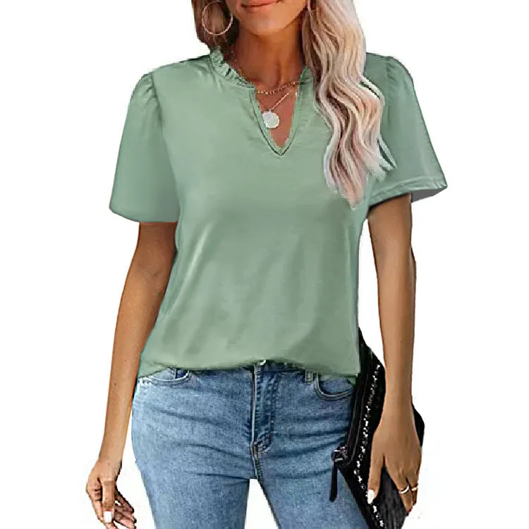 Short Sleeve V-Neck Solid Color T-Shirt