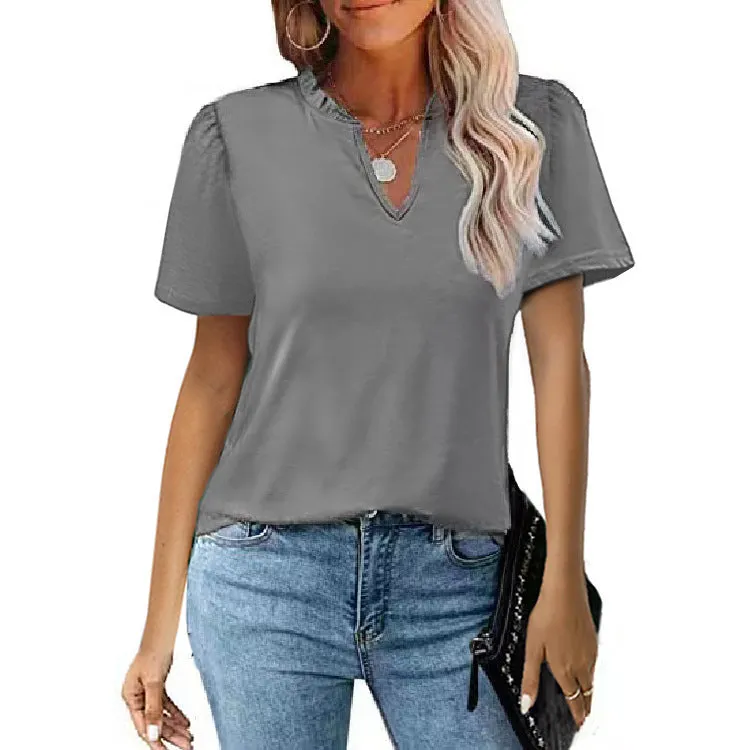 Short Sleeve V-Neck Solid Color T-Shirt