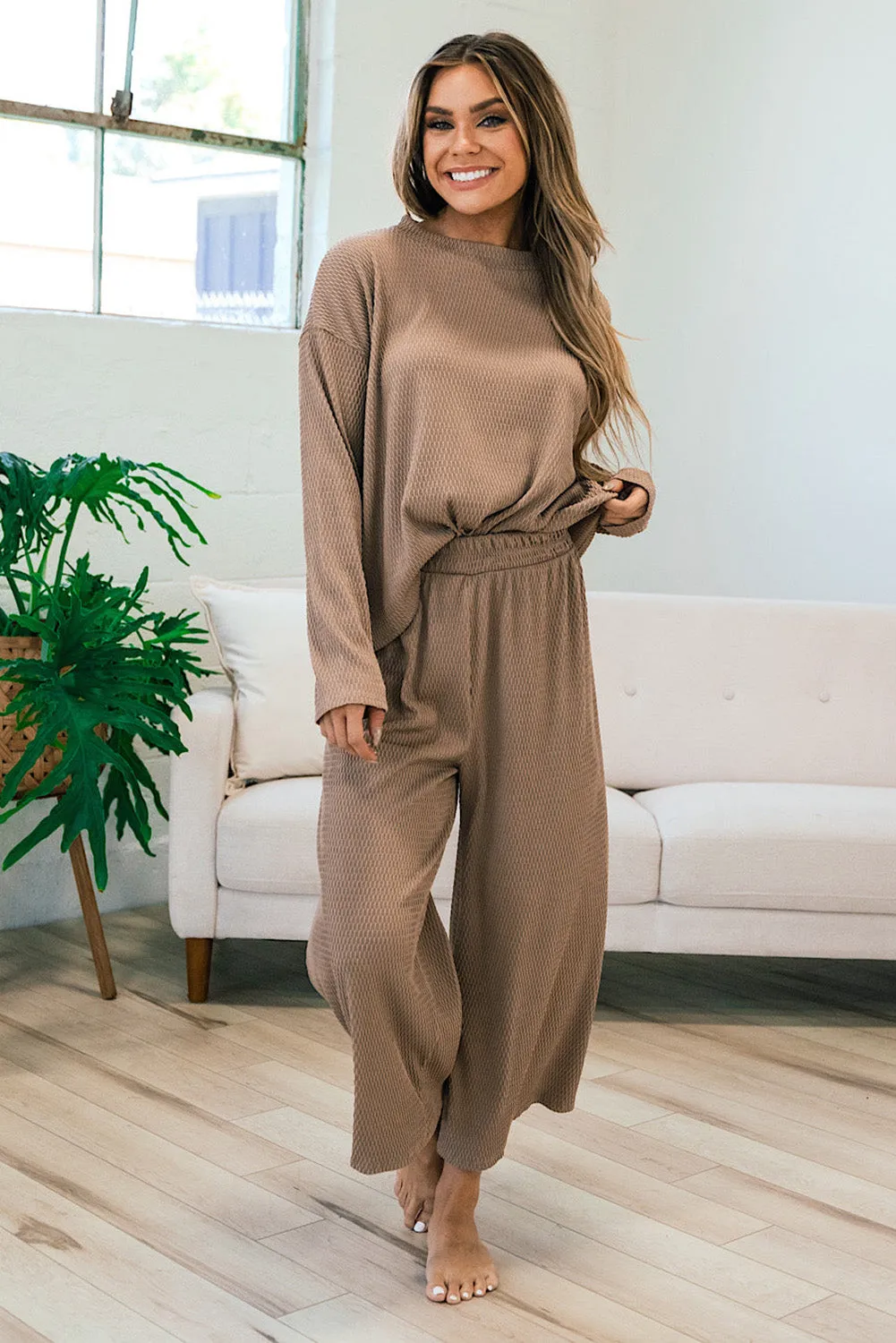 Smoke Gray Loose Textured Pullover and Pants Outfit