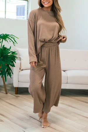 Smoke Gray Loose Textured Pullover and Pants Outfit