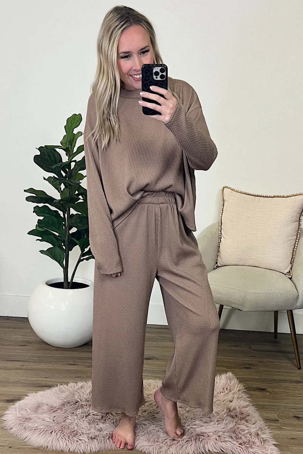 Smoke Gray Loose Textured Pullover and Pants Outfit