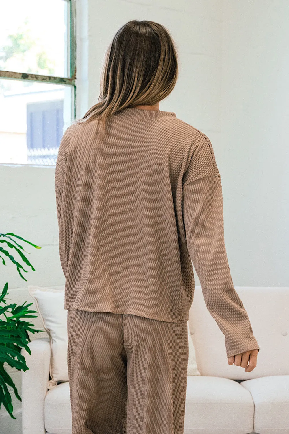 Smoke Gray Loose Textured Pullover and Pants Outfit