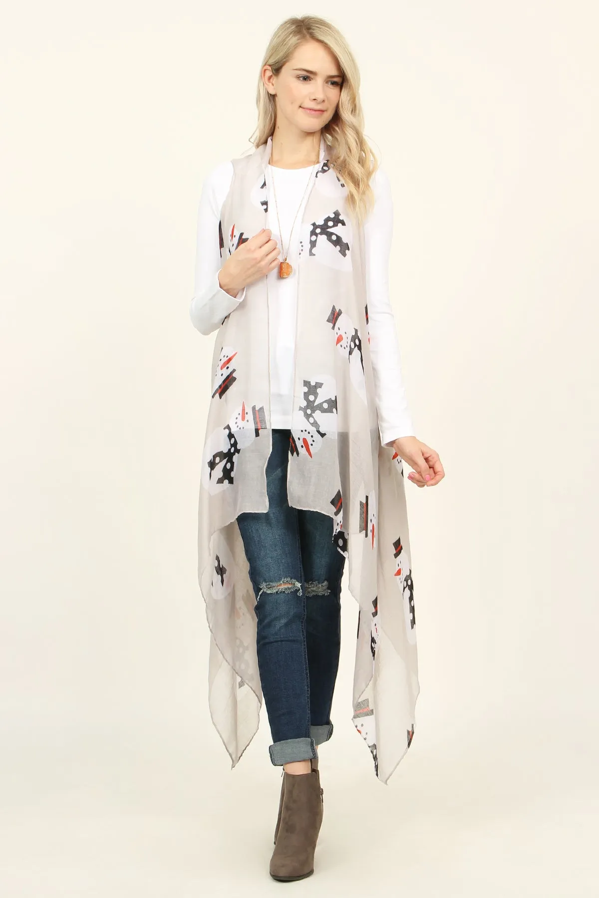 Snowman Print Vest Cardigan