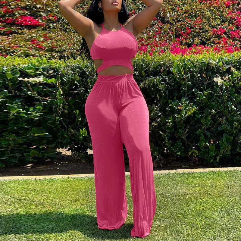 Solid Sleeveless Cut Out Crop Top & Loose Pants Set