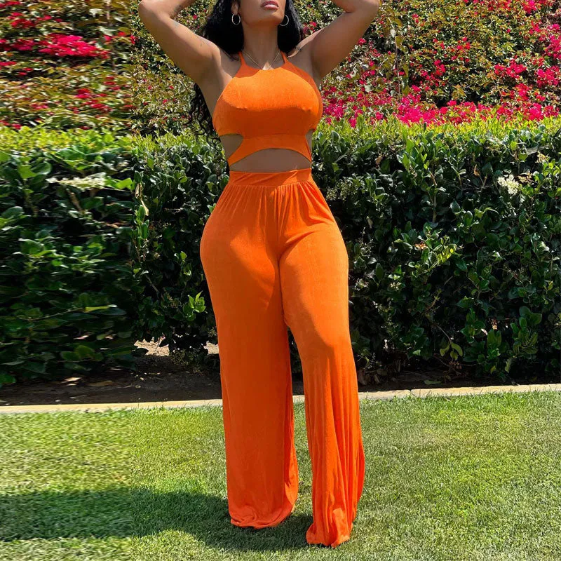 Solid Sleeveless Cut Out Crop Top & Loose Pants Set