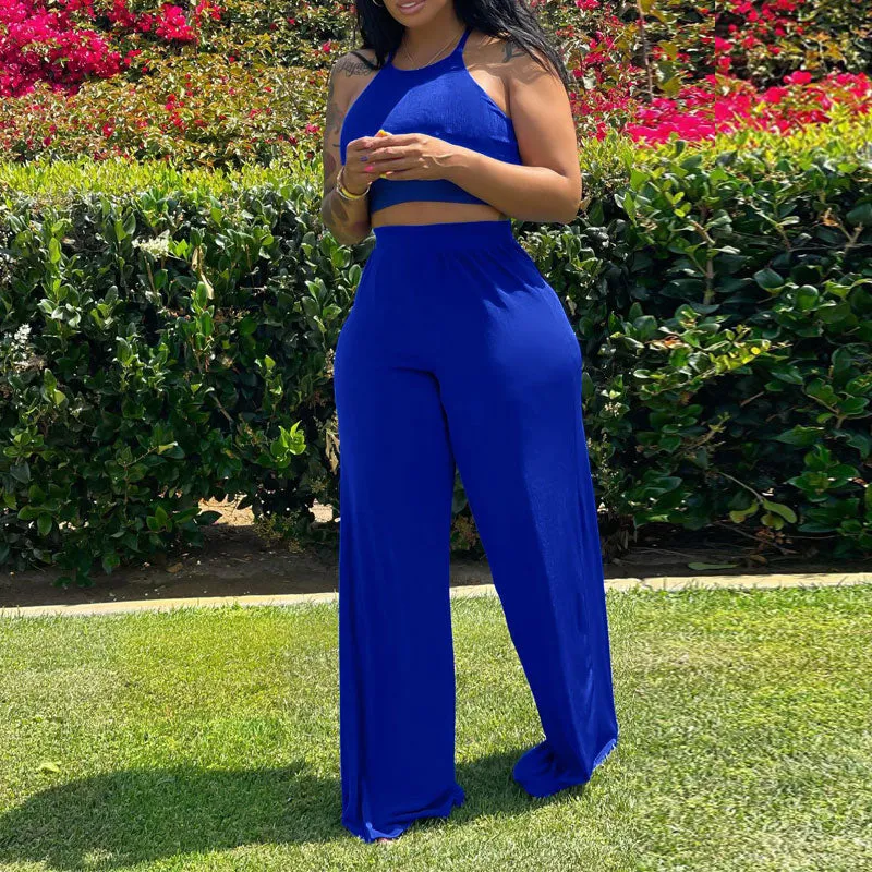 Solid Sleeveless Cut Out Crop Top & Loose Pants Set