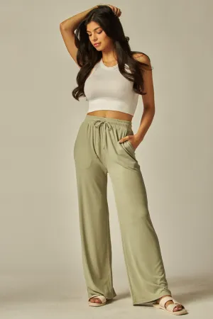 Stretchy Ribbed Drawstring Pocket Wide Leg Pants
