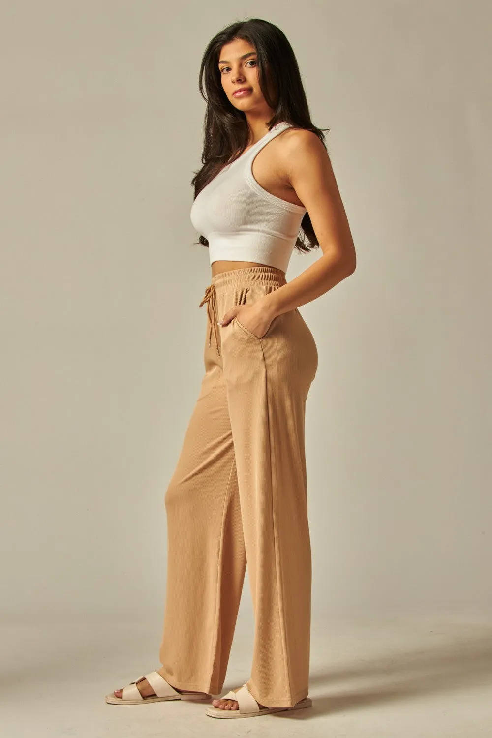 Stretchy Ribbed Drawstring Pocket Wide Leg Pants