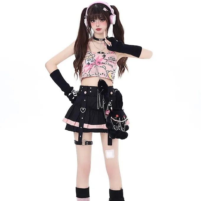 Summer Sweet Girl Style Cat Graffiti Print Halter Neck Vest