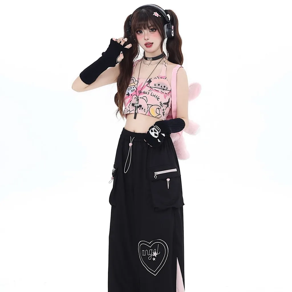 Summer Sweet Girl Style Cat Graffiti Print Halter Neck Vest