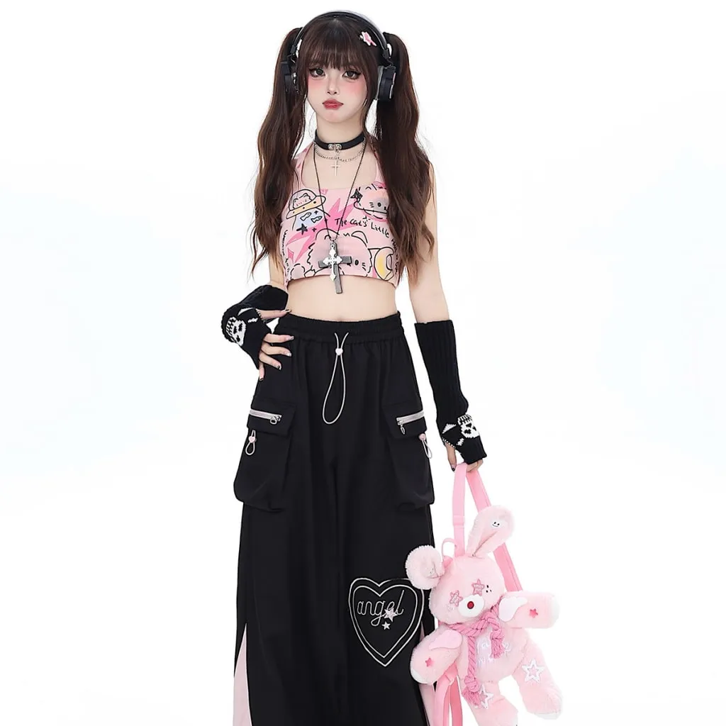 Summer Sweet Girl Style Cat Graffiti Print Halter Neck Vest