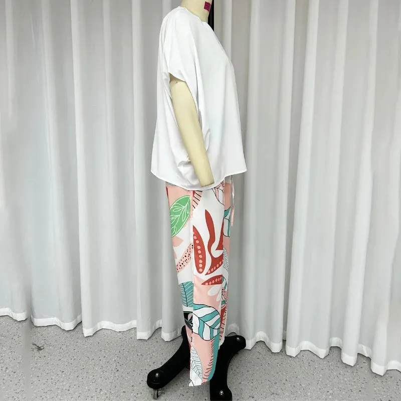 Summer V-Neck Batwing Top & Printed Wide-Leg Pants Set
