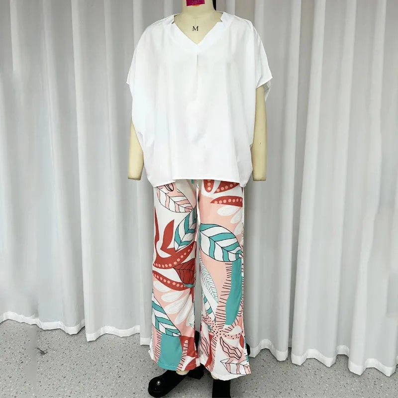 Summer V-Neck Batwing Top & Printed Wide-Leg Pants Set
