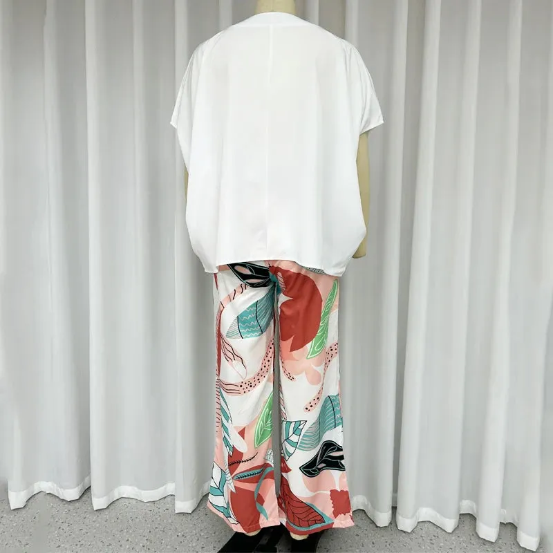 Summer V-Neck Batwing Top & Printed Wide-Leg Pants Set