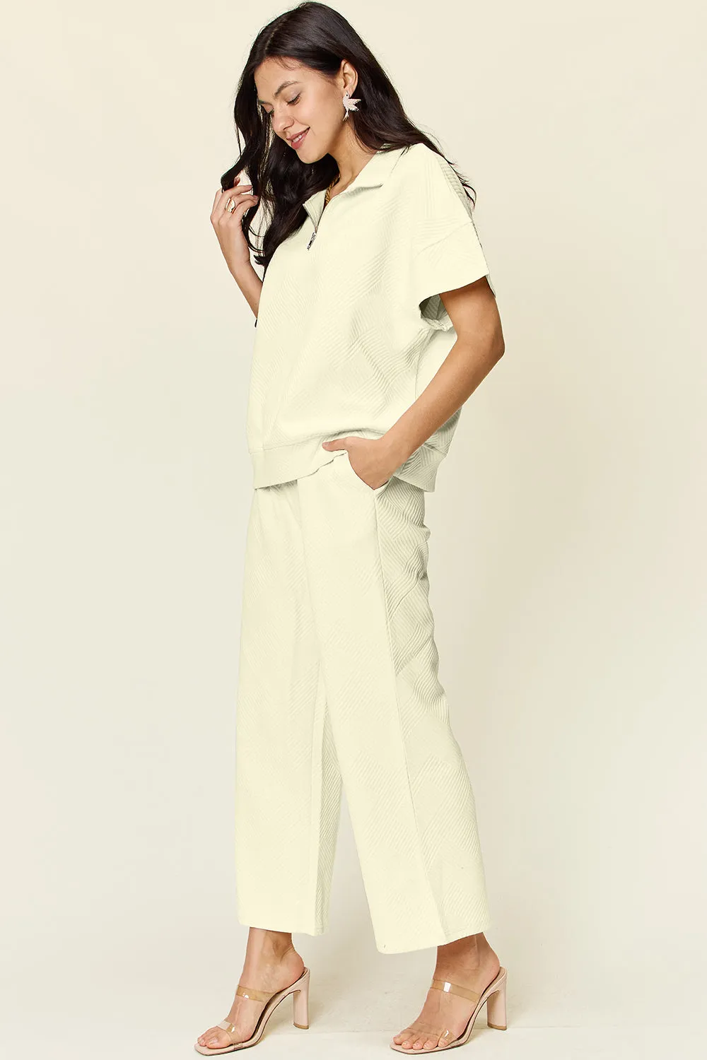 Tanner Double Take Full Size Texture Half Zip Short Sleeve Top and Pants Set