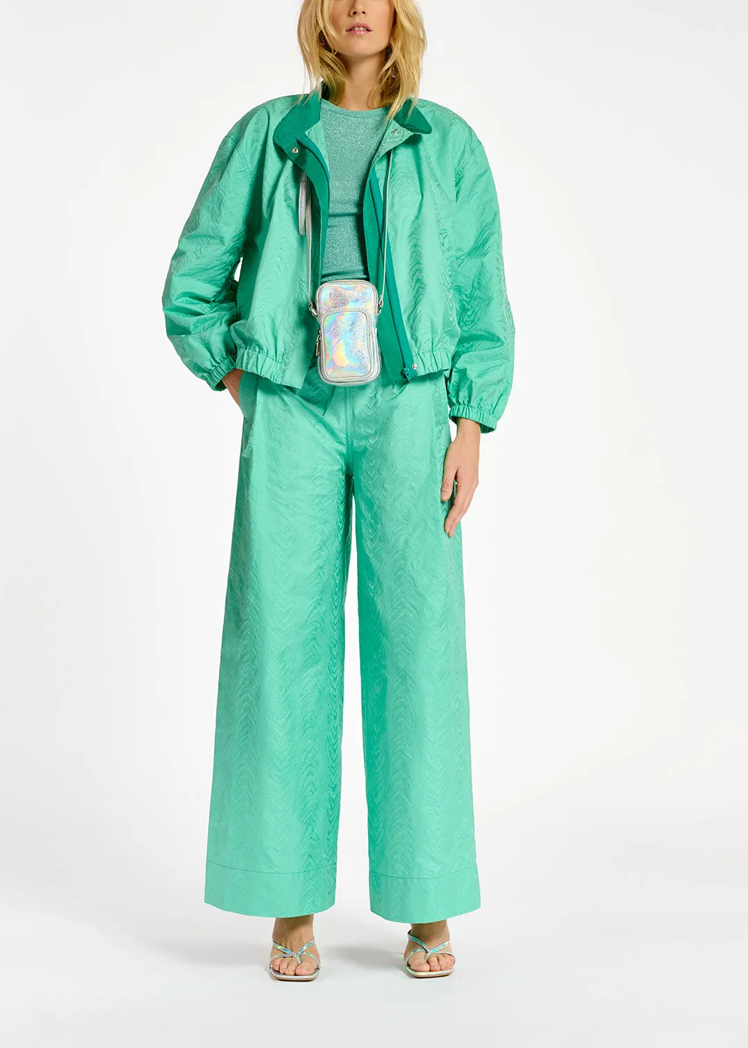 Turquoise jacquard wide-leg pants