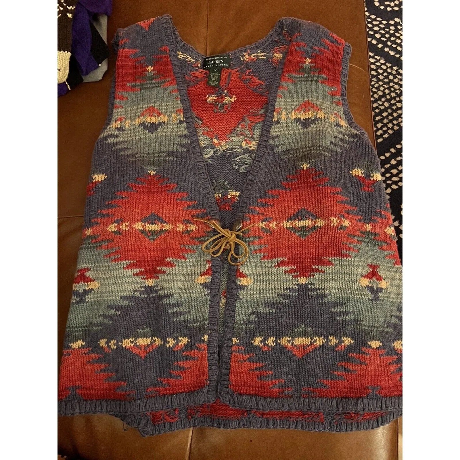 VTG Lauren Ralph Lauren Women's Hand Knit Southwestern Aztec Linen Vest – Size 1X