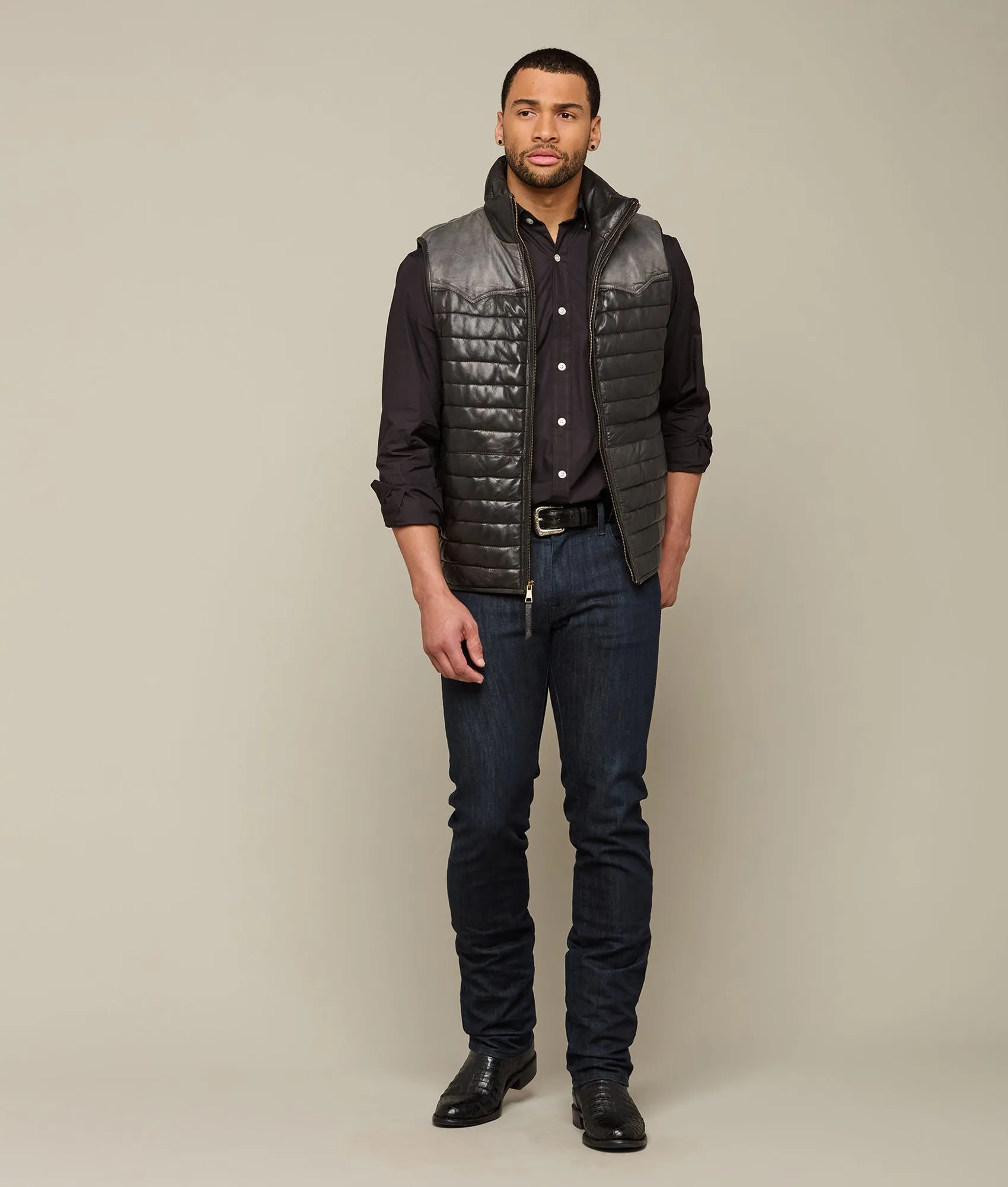 Western Yoke Leather Vest :: Black