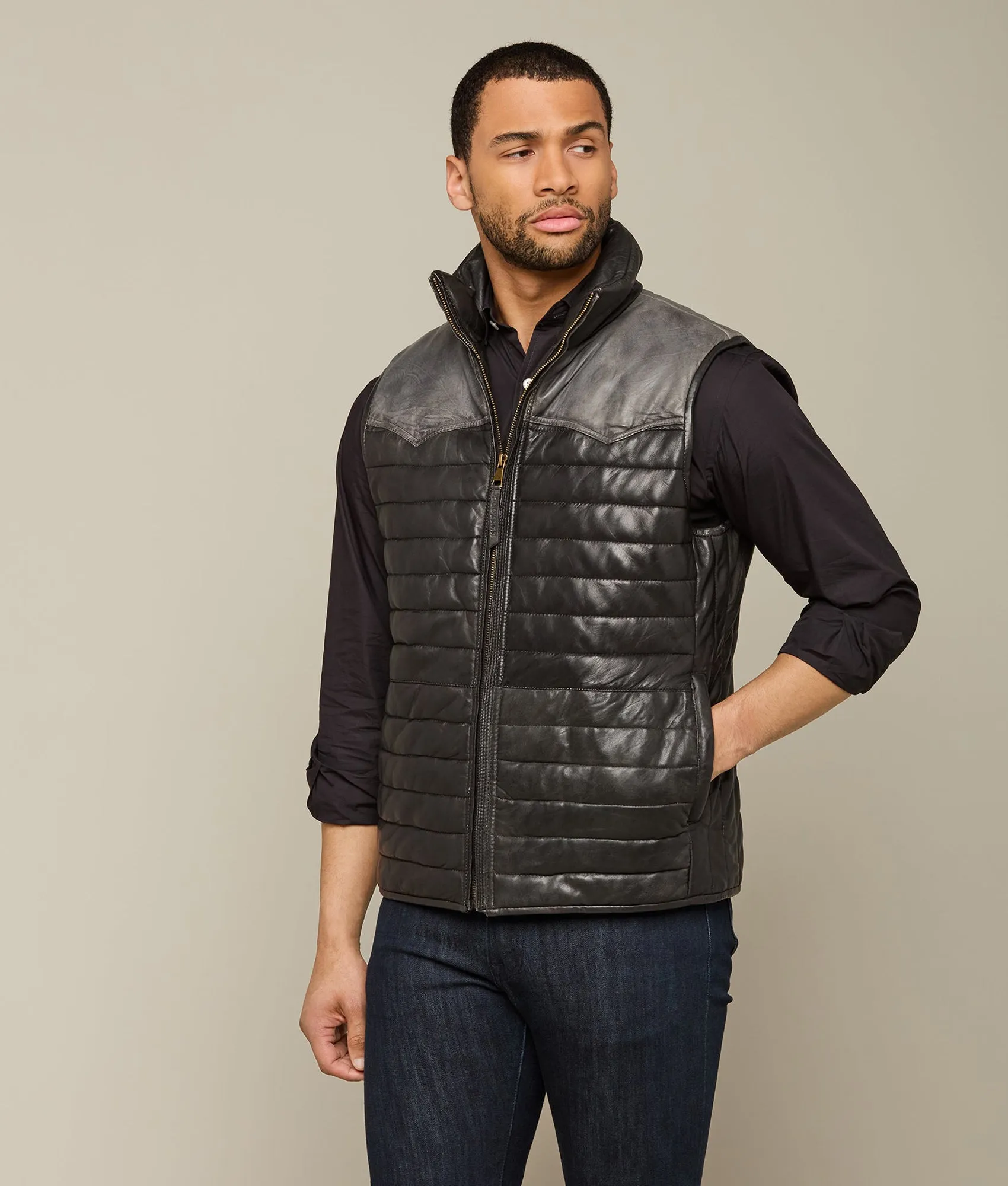 Western Yoke Leather Vest :: Black