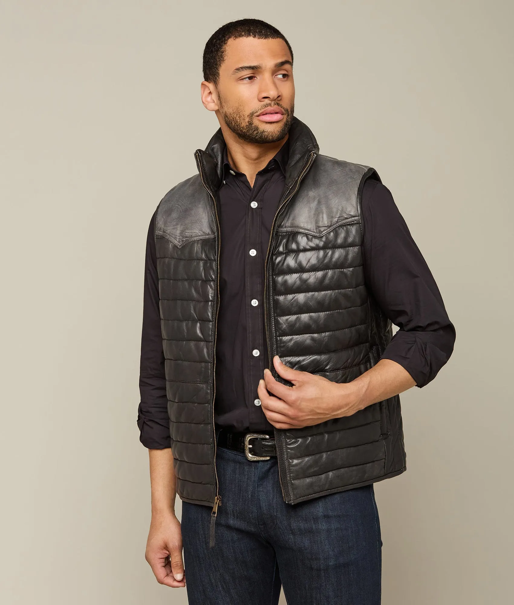 Western Yoke Leather Vest :: Black
