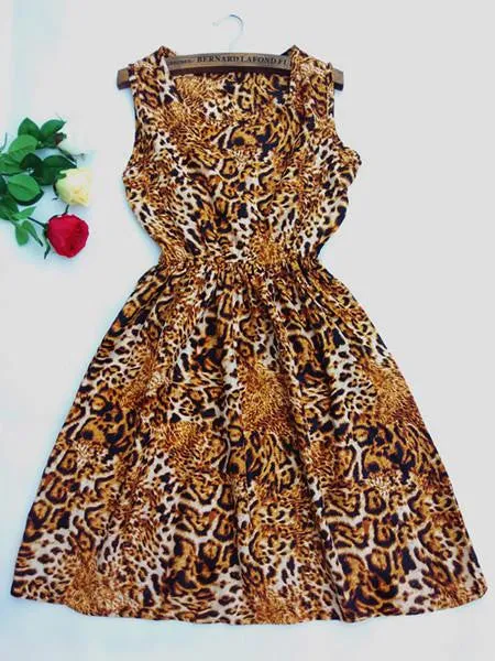 Women casual Bohemian floral leopard sleeveless vest printed beach chiffon dress nz18