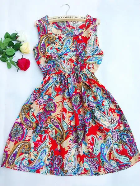 Women casual Bohemian floral leopard sleeveless vest printed beach chiffon dress nz18