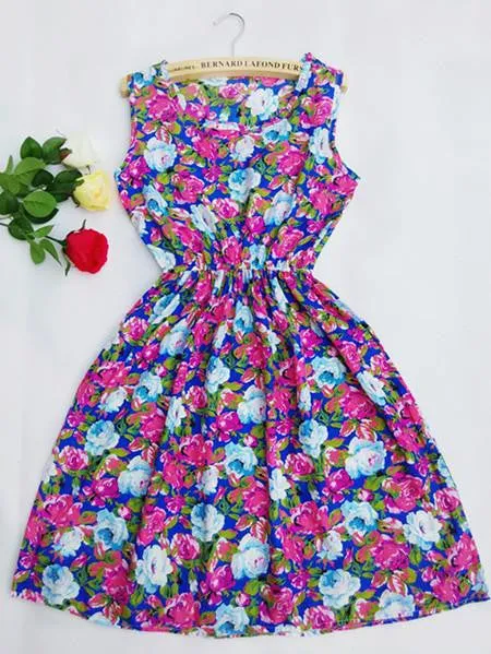 Women casual Bohemian floral leopard sleeveless vest printed beach chiffon dress nz18