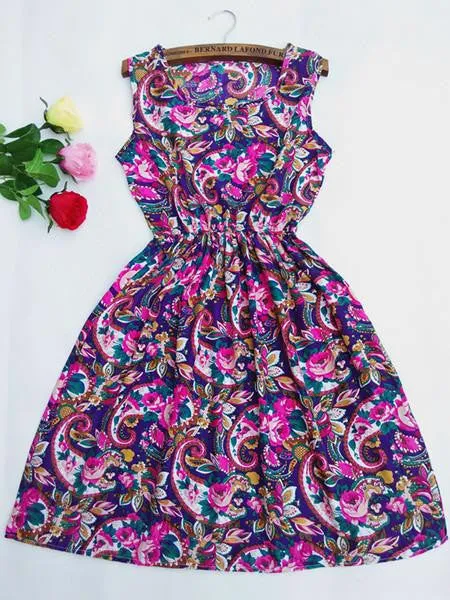 Women casual Bohemian floral leopard sleeveless vest printed beach chiffon dress nz18