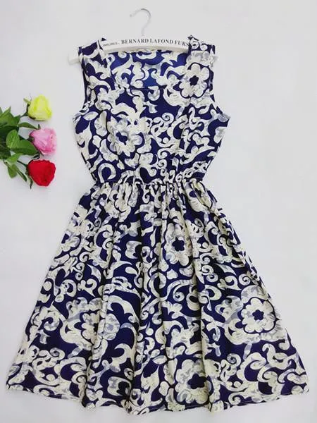 Women casual Bohemian floral leopard sleeveless vest printed beach chiffon dress nz18