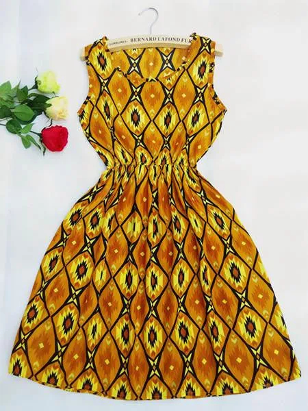 Women casual Bohemian floral leopard sleeveless vest printed beach chiffon dress nz18