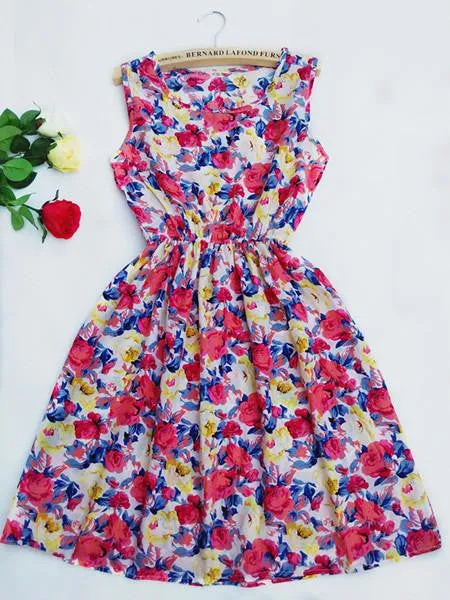 Women casual Bohemian floral leopard sleeveless vest printed beach chiffon dress nz18