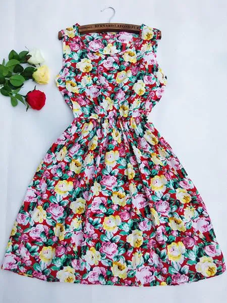 Women casual Bohemian floral leopard sleeveless vest printed beach chiffon dress nz18