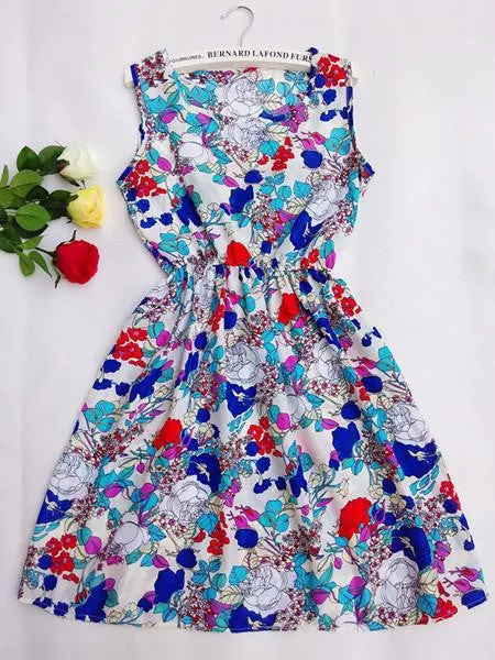 Women casual Bohemian floral leopard sleeveless vest printed beach chiffon dress nz18