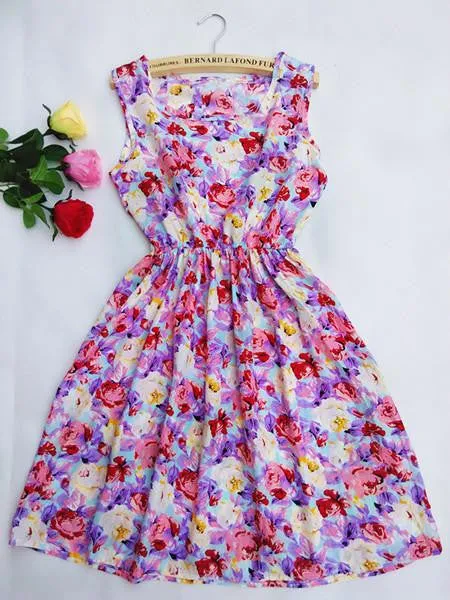Women casual Bohemian floral leopard sleeveless vest printed beach chiffon dress nz18
