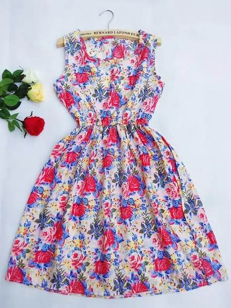 Women casual Bohemian floral leopard sleeveless vest printed beach chiffon dress nz18