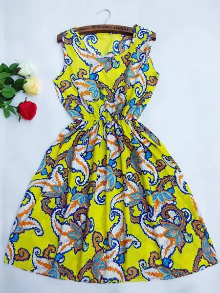 Women casual Bohemian floral leopard sleeveless vest printed beach chiffon dress nz18