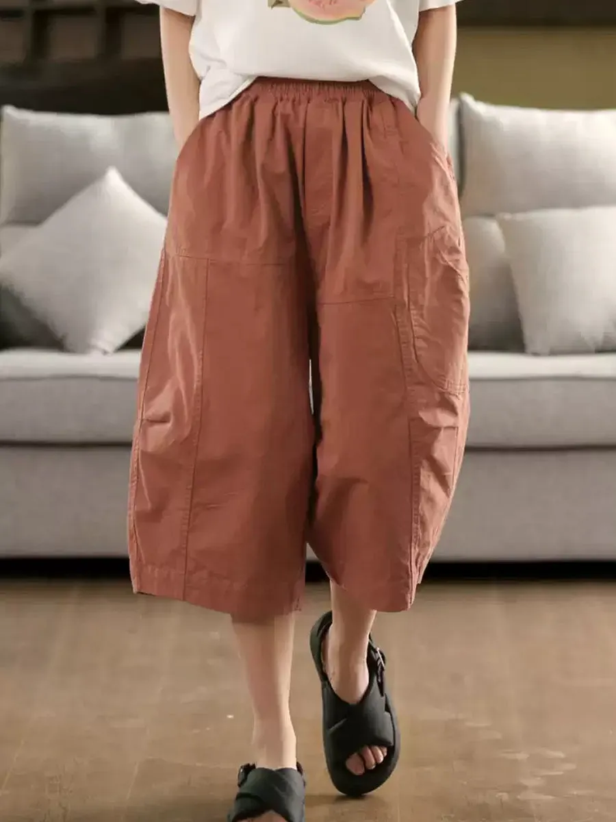 Women Casual Pure Color 100%Cotton Cropped Pants