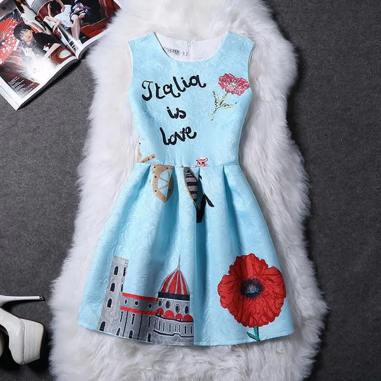 Women Print Floral Vest Dress Sleeveless A Line Party Fashion Dresses Vestido De Festa