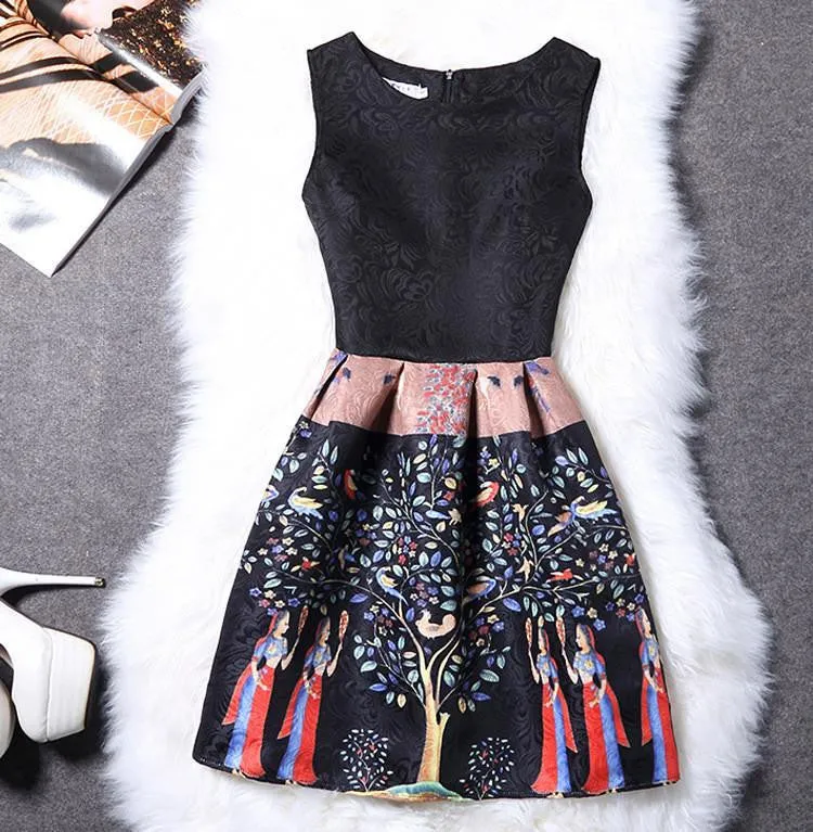 Women Print Floral Vest Dress Sleeveless A Line Party Fashion Dresses Vestido De Festa